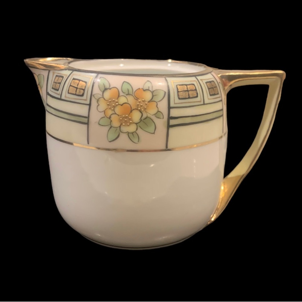 Nippon Hand Painted Creamer White w Gold Accents & Floral Design 3.25” Tall x 5”